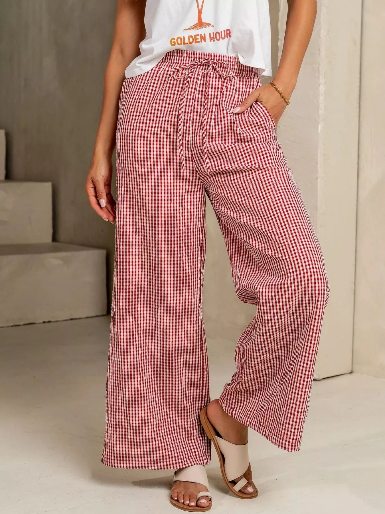 Gingham Print Wide Leg Casual Pants