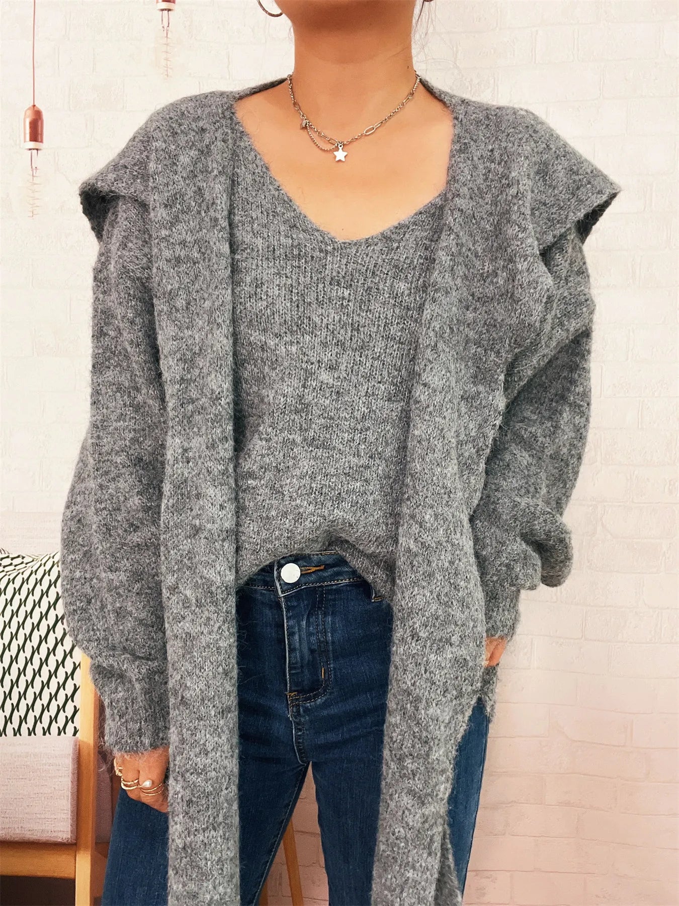 Ribbed Hem V-Neck Sweater with Shawl