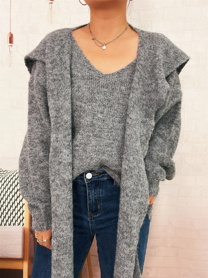 Ribbed Hem V-Neck Sweater with Shawl