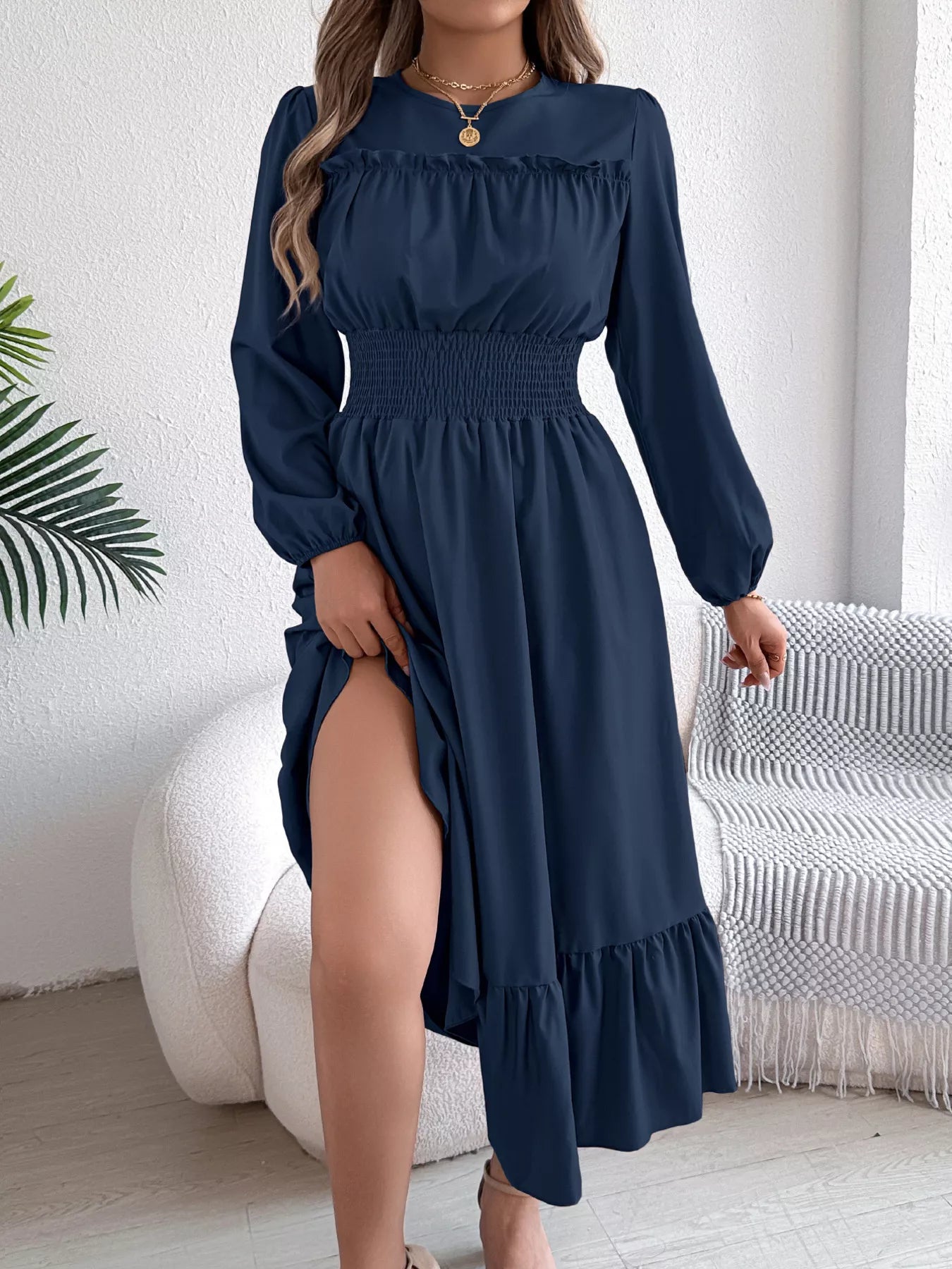 Round Neck Balloon Sleeve Tiered Dress
