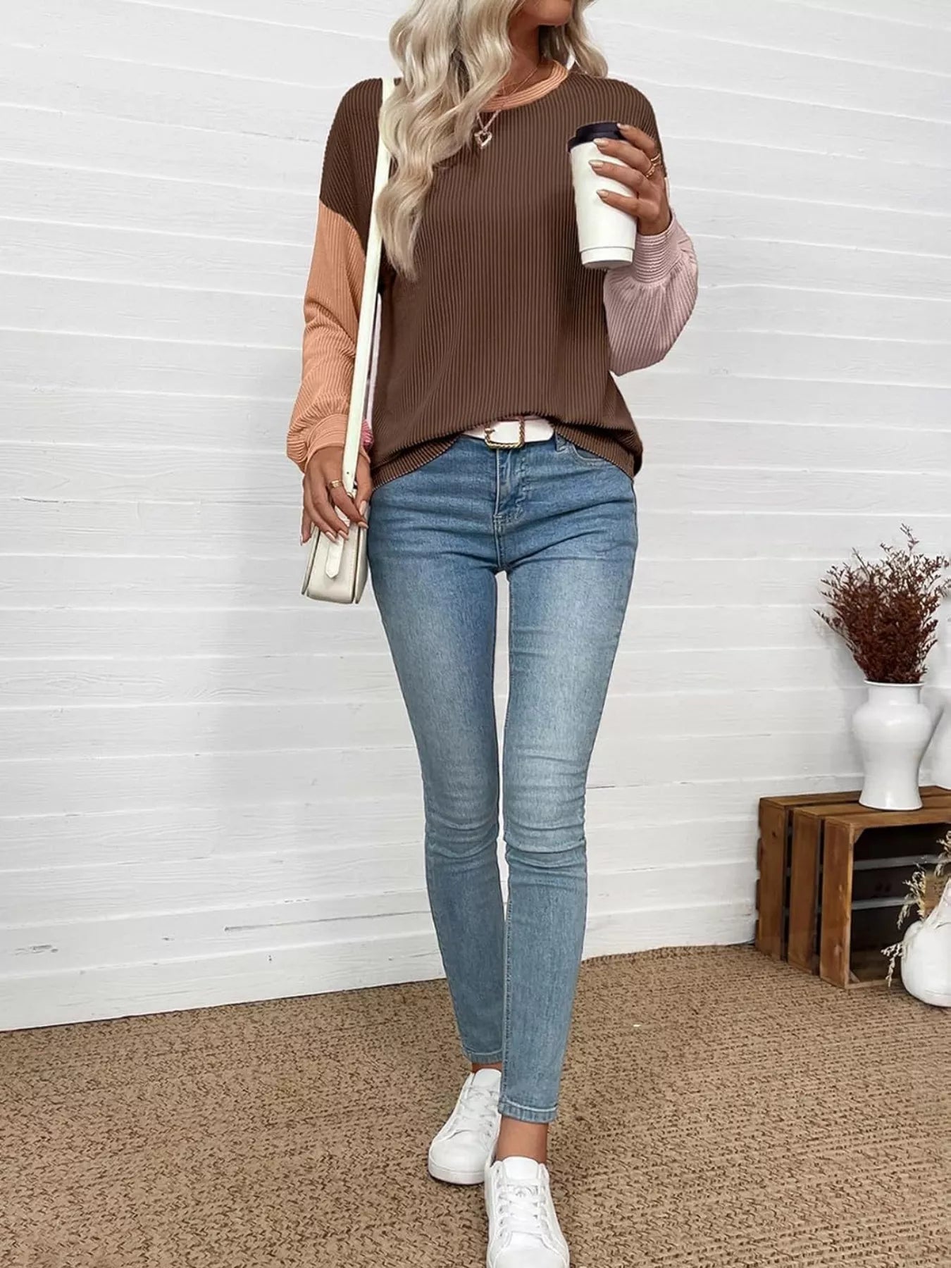 Color Block Ribbed Long Sleeve T-Shirt