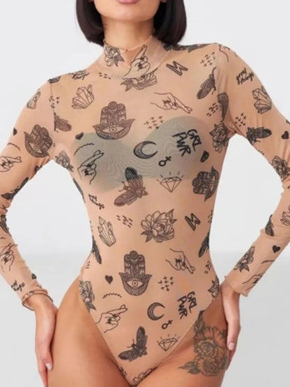 Printed Mock Neck Long Sleeve Bodysuit