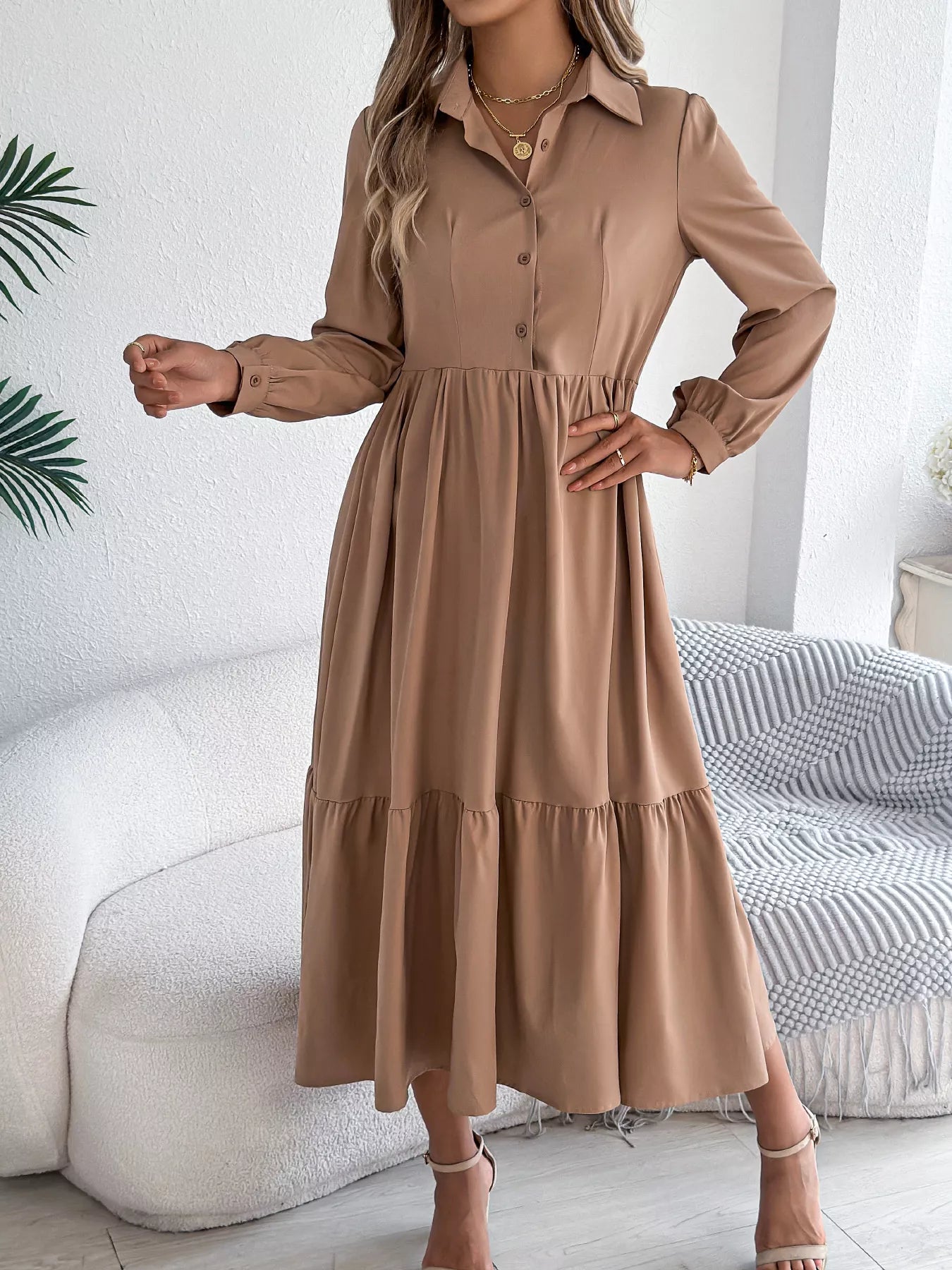 Long Sleeve Tiered Button Front Midi Dress