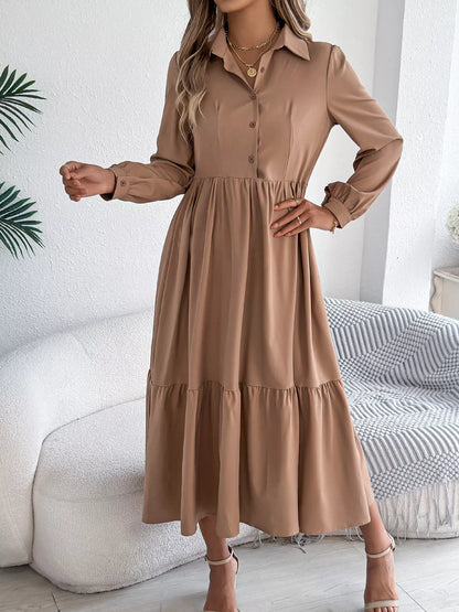 Long Sleeve Tiered Button Front Midi Dress