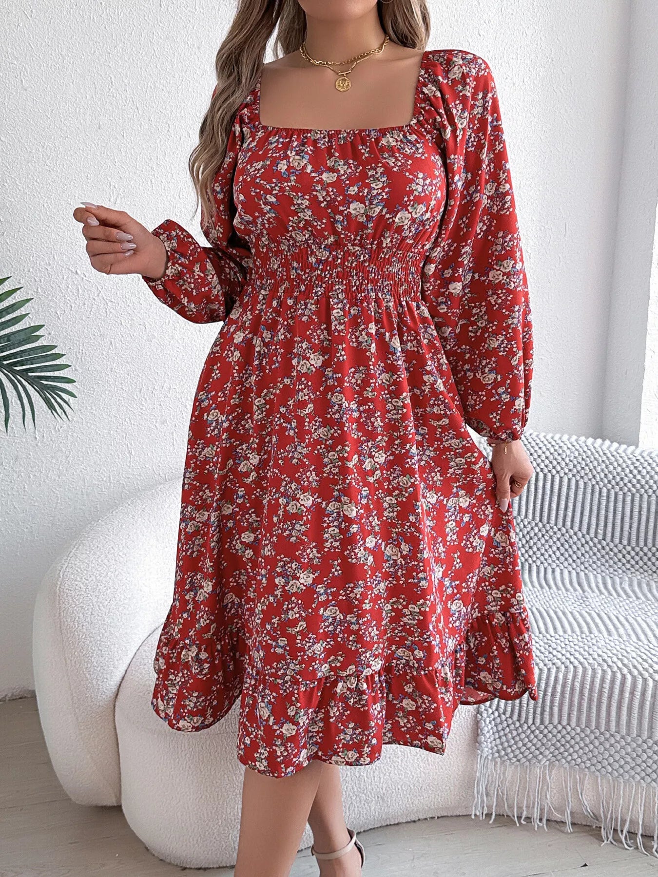 Floral Print Long Sleeve Square Neck Midi Dress Red