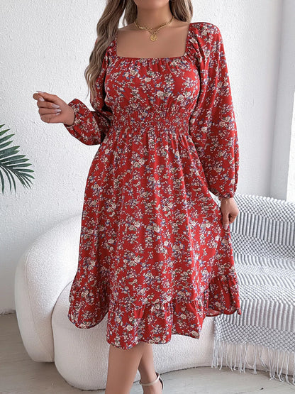 Floral Print Long Sleeve Square Neck Midi Dress Red