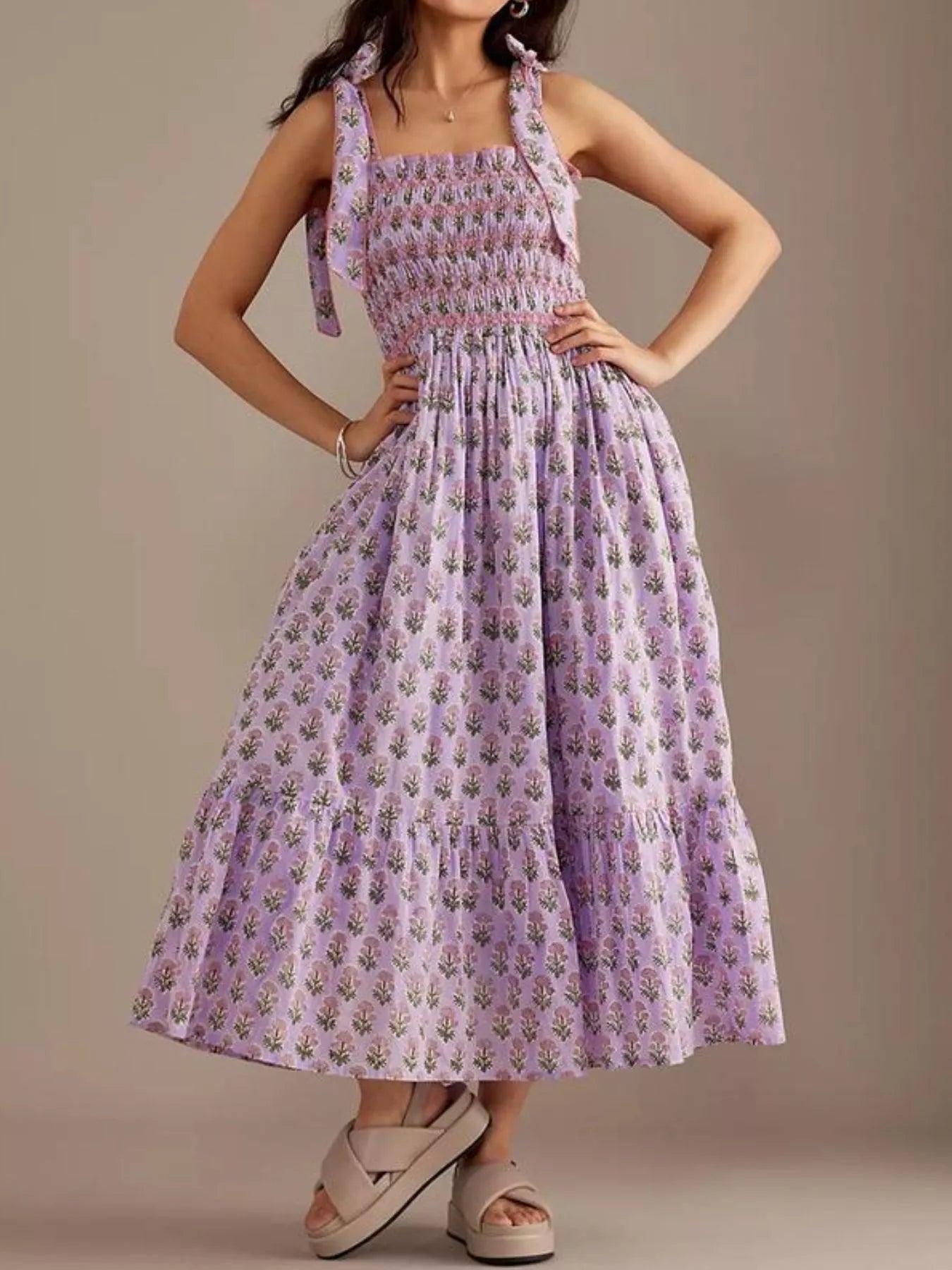 Floral Smocked Tie-Shoulder Midi Dress