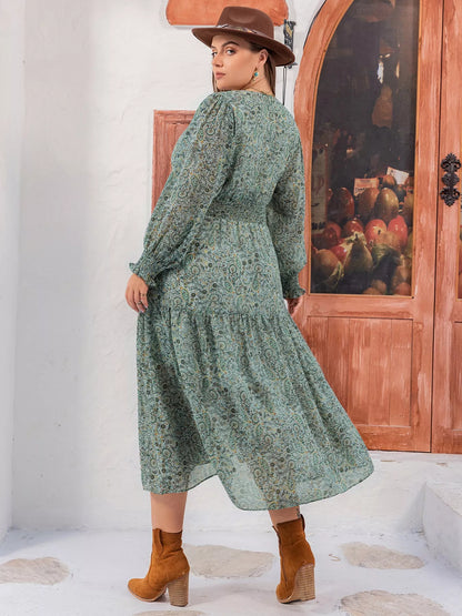 Plus Size Printed V-Neck Long Sleeve Midi Dress