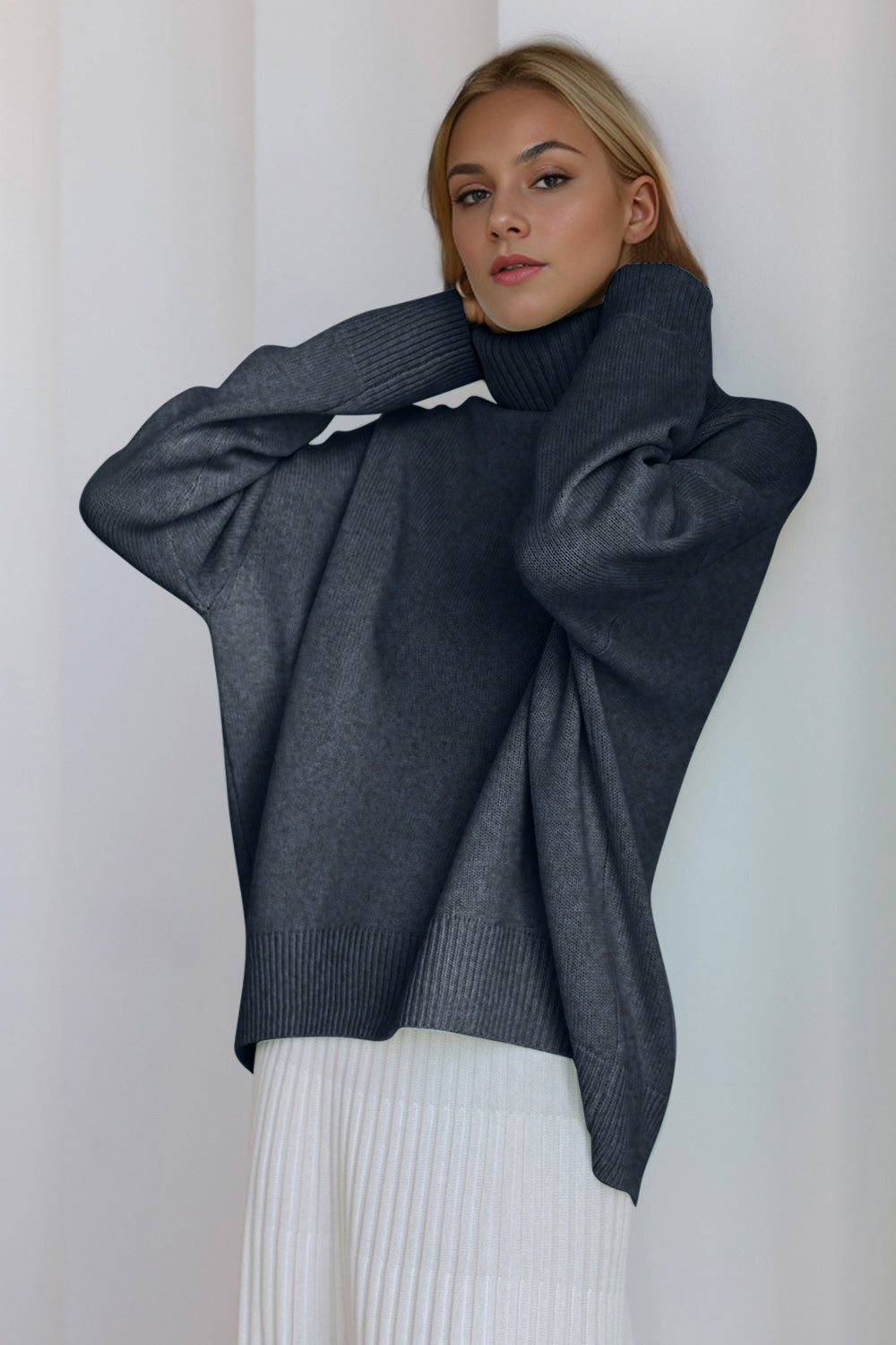 Back To School Sweater - Basic Bae Turtleneck Dropped Shoulder Long Sleeve Sweater