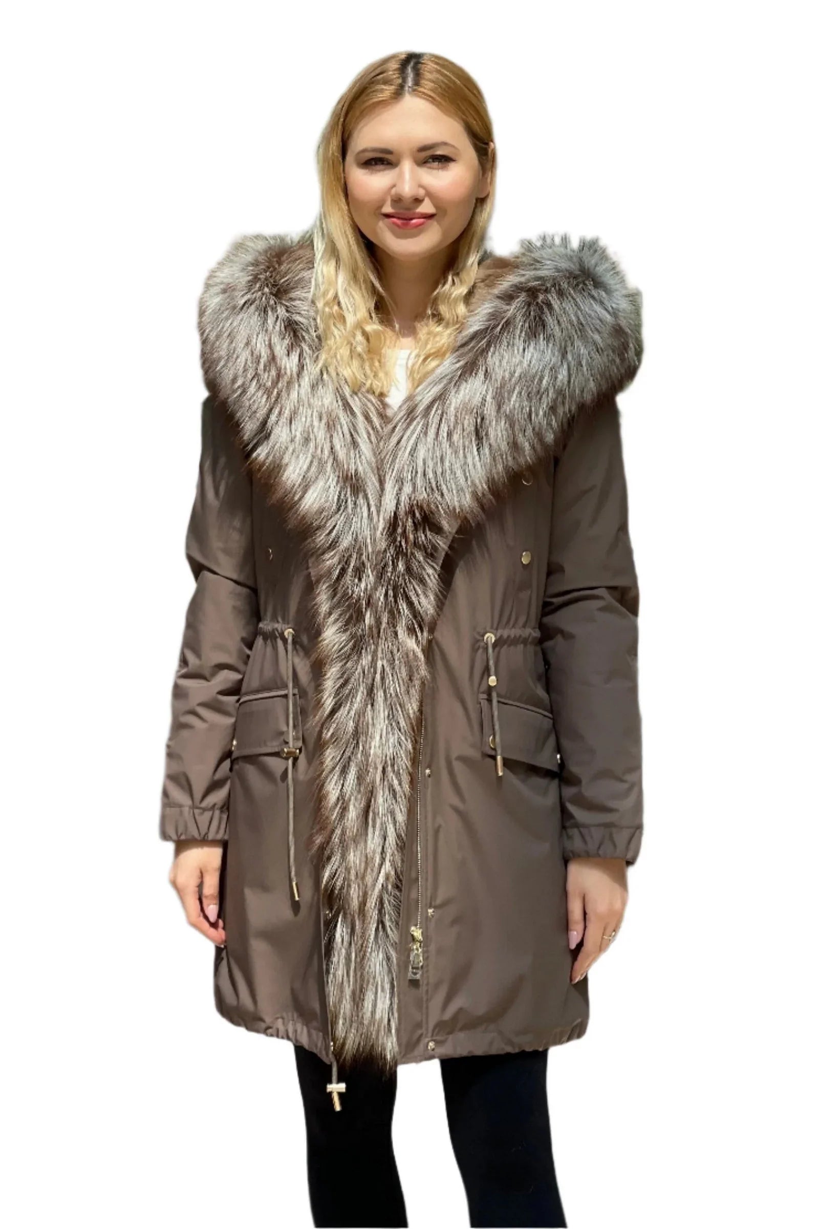 Silver Fox Fur Trim Rabbit Fur Insulated Parka Chocolate