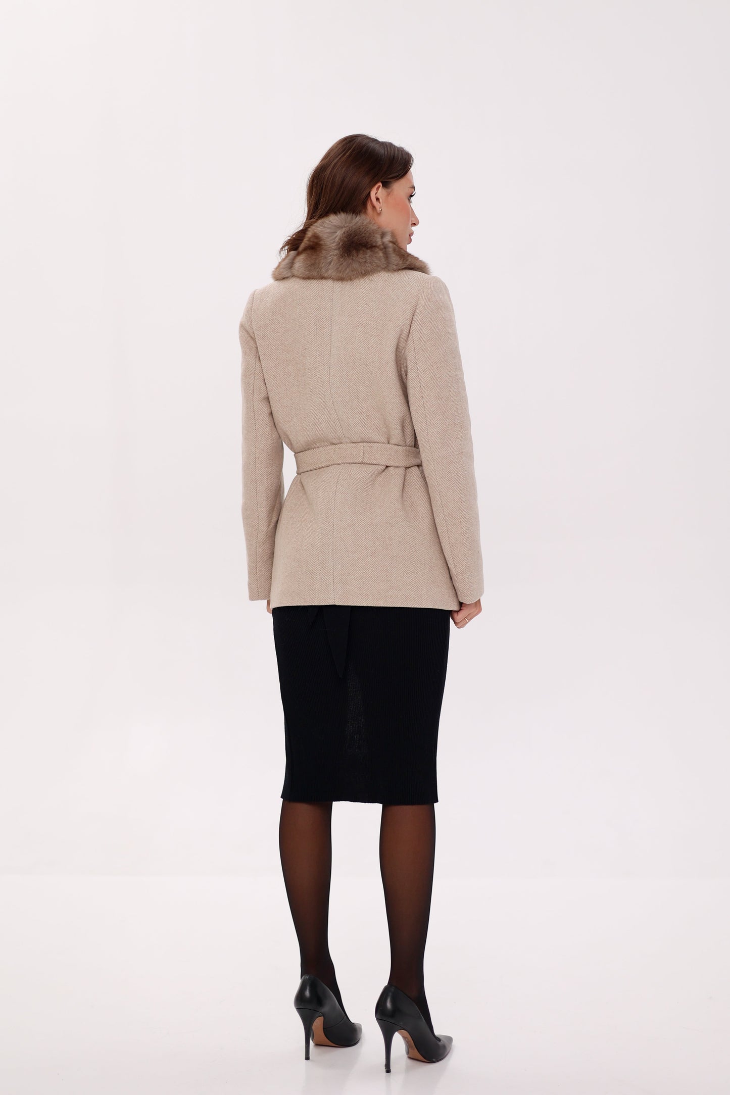 Genuine Polar Fox Fur Virgin Wool Coat in Nude