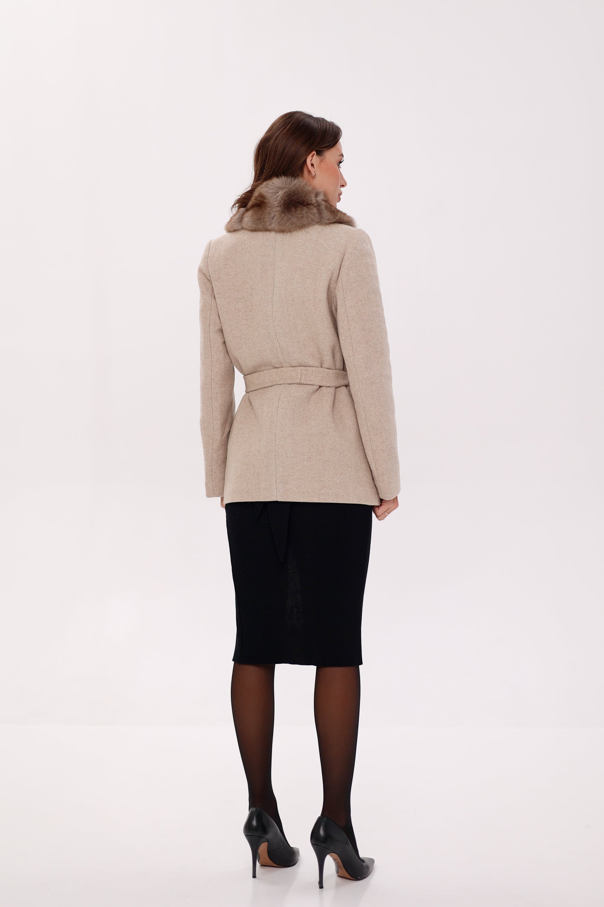 Genuine Polar Fox Fur Virgin Wool Coat in Nude