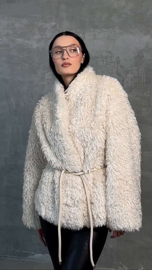 Faux Fur Coat with Leather Belt Ivory