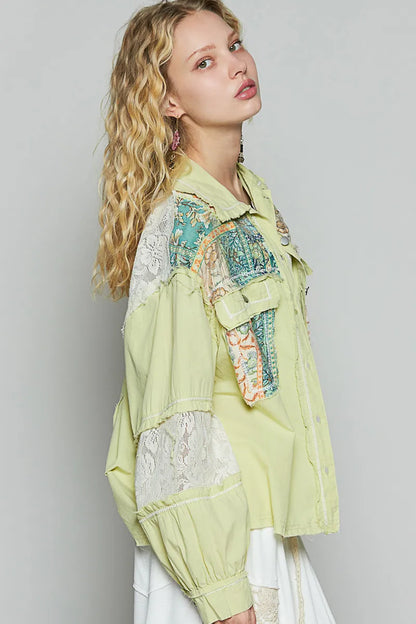 POL Printed Woven Mix Raw Hem Jacket with Lace Detail