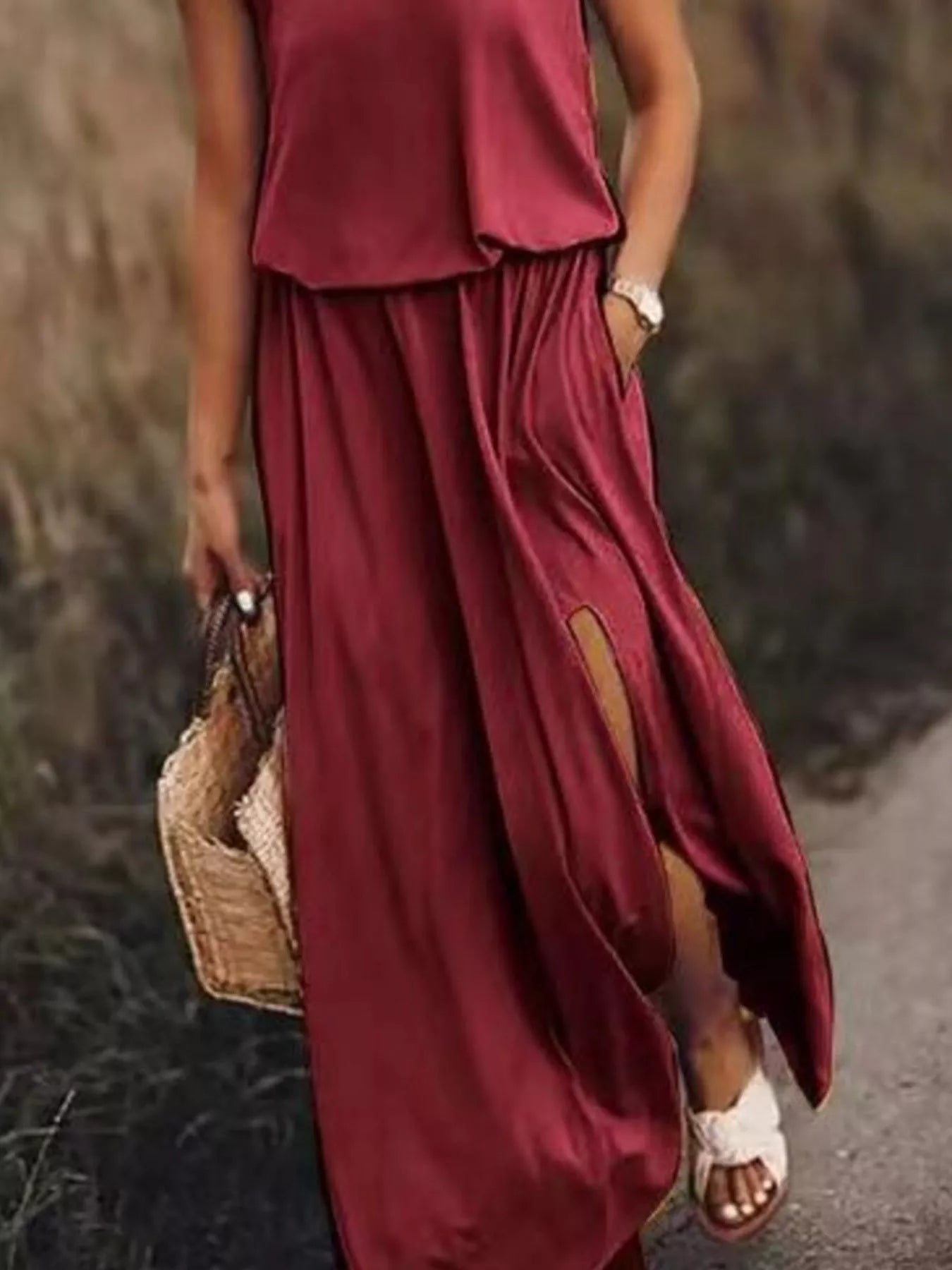 Full Size Round Neck Sleeveless Slit Maxi Dress Plus Size