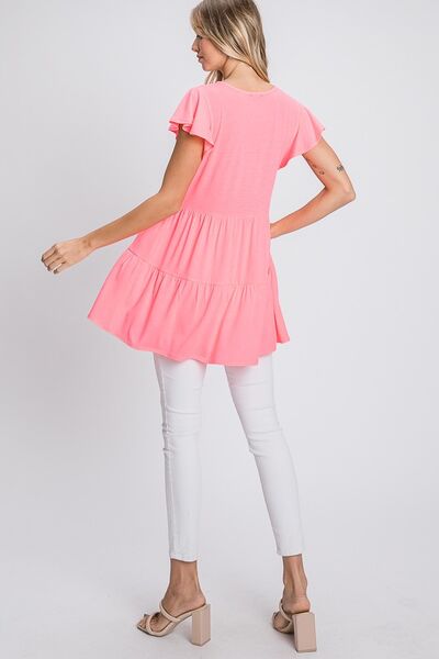 Heimish Full Size Tiered Round Neck Ruffle Sleeve Top Plus Size