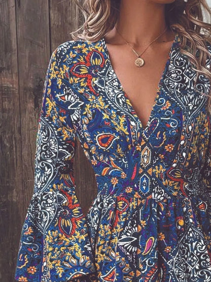 Paisley Print V-Neck Flounce Sleeve Dress