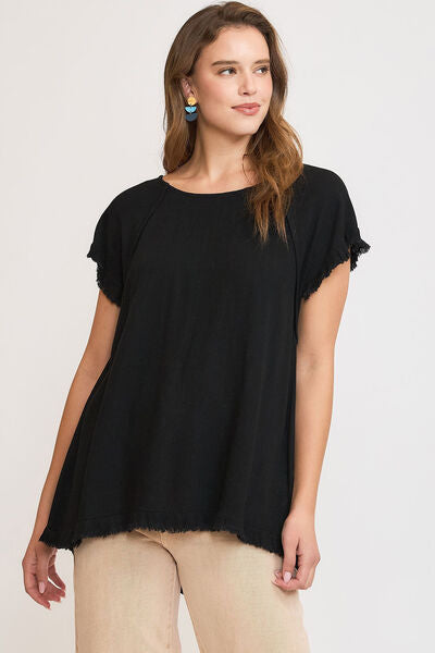 Umgee Full Size Seam Detail Linen Ruffle Fringe Edge Top Plus Size Black
