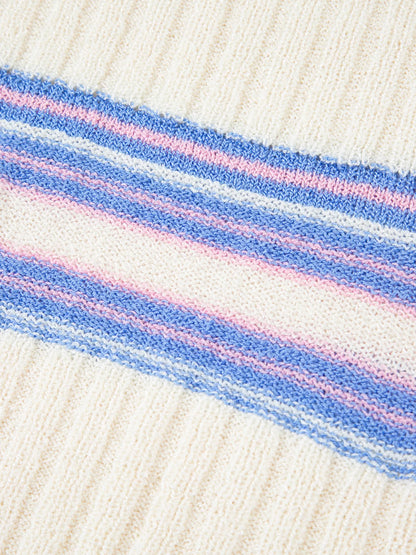 Striped V Neck Dolman Sleeve Rib Knit Oversized Sweater with Slits