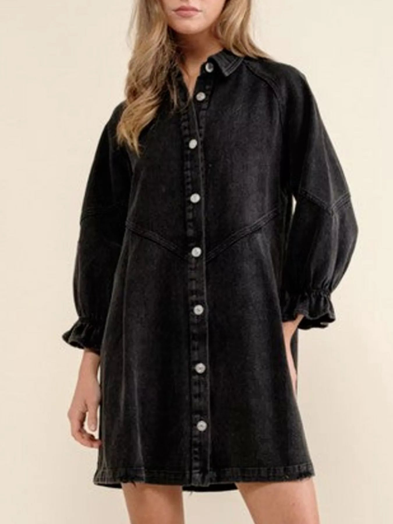 Ruffled Cuff Button-Down Denim Dress Black