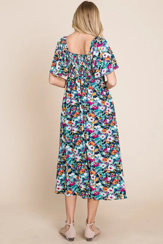 Lime 'N' Chili Floral Print Sweetheart Neck Tie Front Midi Dress