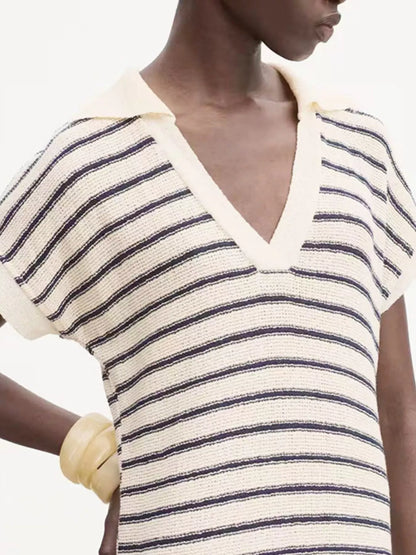 Striped Slit Short Sleeve Maxi Dress