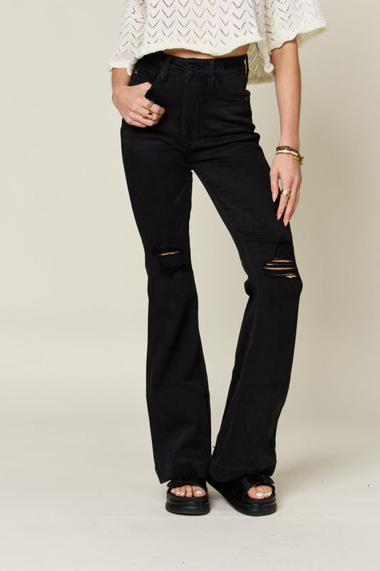 Judy Blue High-Waisted Distressed Flare Jeans Black