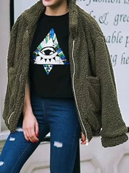 Full Size Cozy Fleece Zip Up Jacket Plus Size Army Green