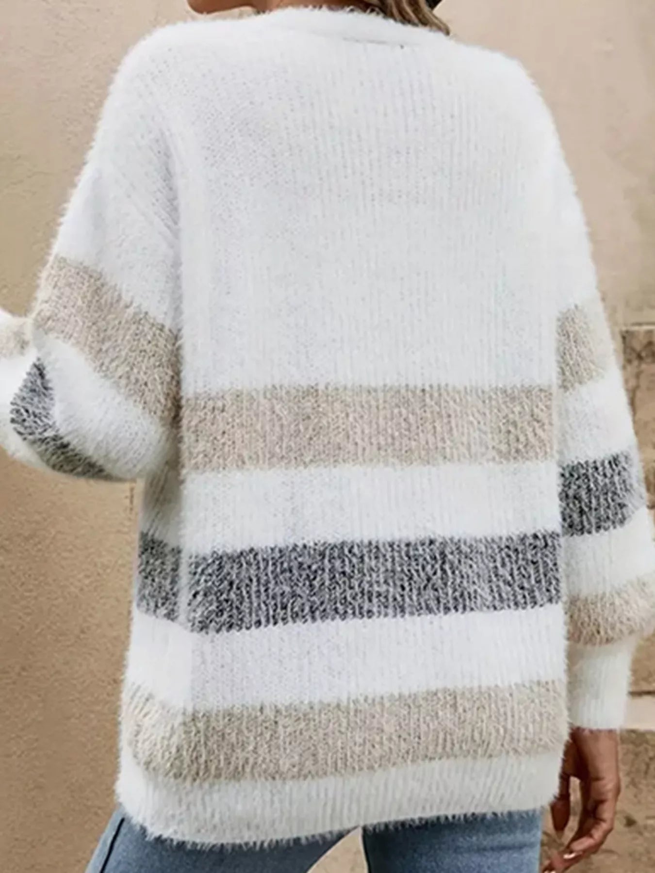 Striped Fuzzy Knit Button-Up Cardigan