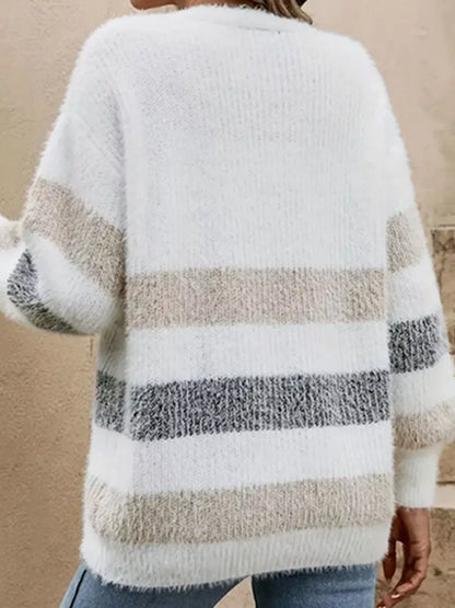 Striped Fuzzy Knit Button-Up Cardigan