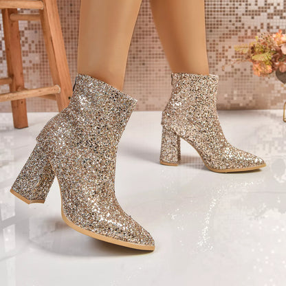 Sequin Point Toe Block Heels Boots