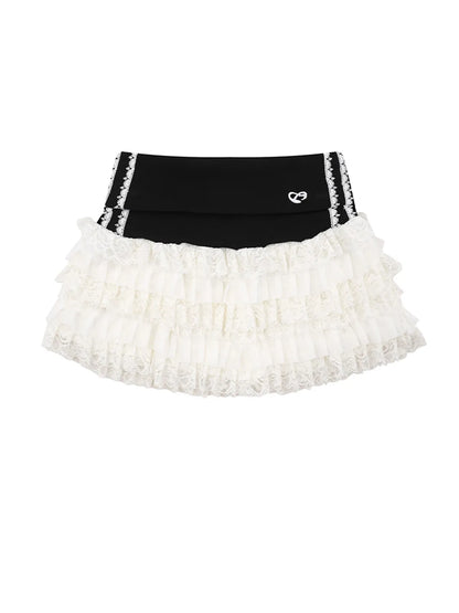 Layered Tulle Mini Skirt with Contrast Waistband Black