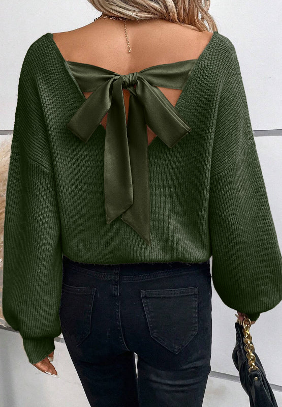Tied Back V-Neck Long Sleeve Sweater Dark Green