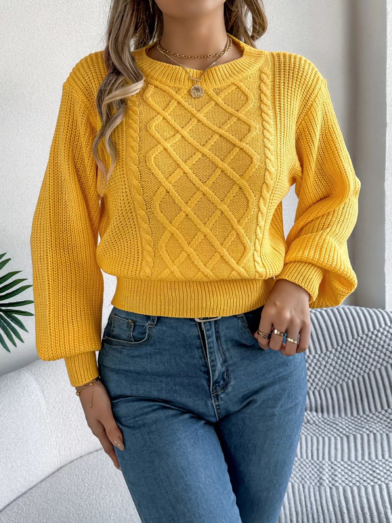 Cable Knit Diamond Pattern Long Sleeve Sweater Yellow