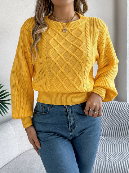 Cable Knit Diamond Pattern Long Sleeve Sweater Yellow