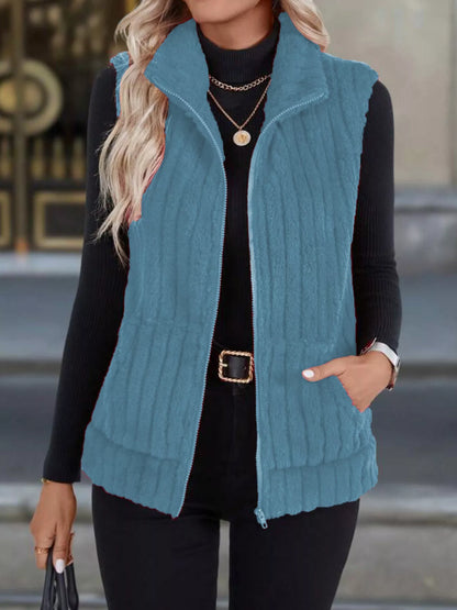 Full Size Fleece Zip-Up Vest Coat Plus Size Sky Blue