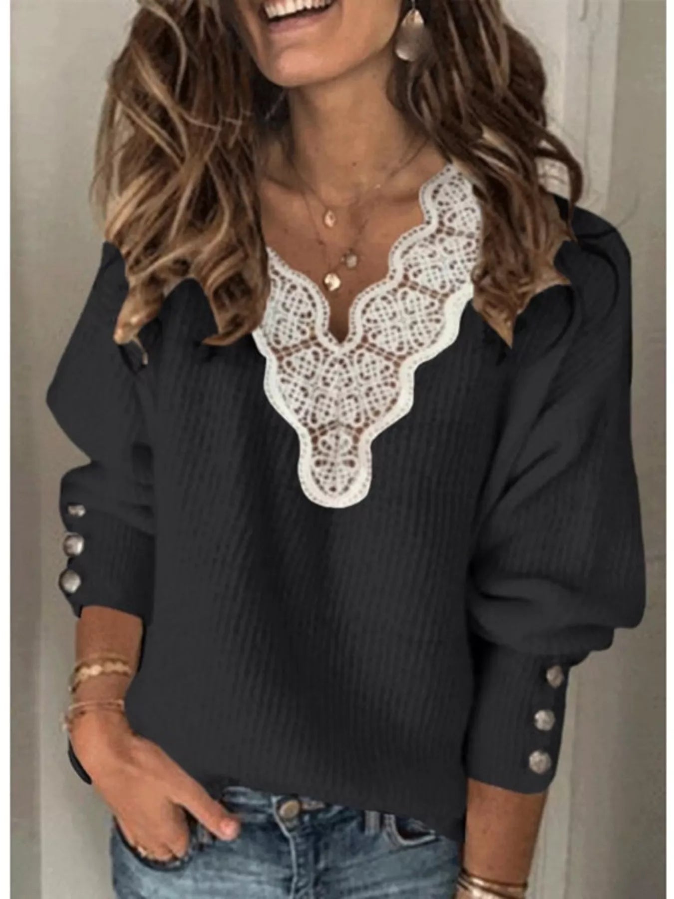 Full Size Lace Trim V-Neck Sweater Plus Size Black