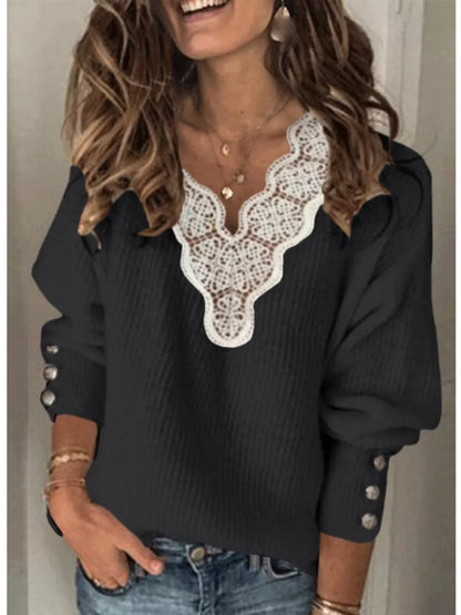 Full Size Lace Trim V-Neck Sweater Plus Size Black