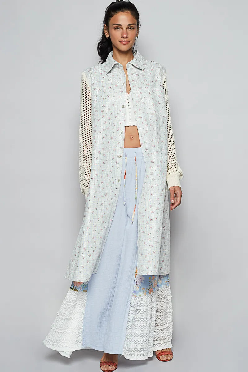 POL Printed Lace Longline Shacket with Back Open Zipper BLUE YELLOW