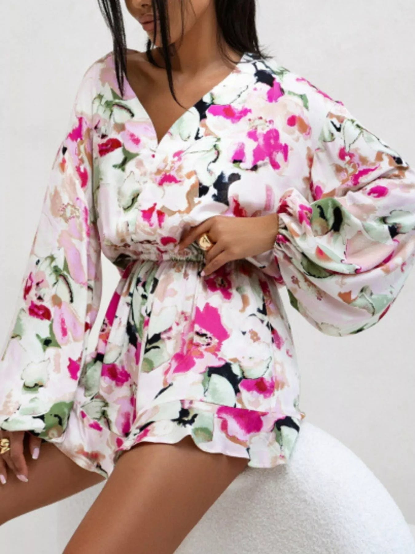 Floral V-Neck Long Sleeve Romper with Elastic Waist White