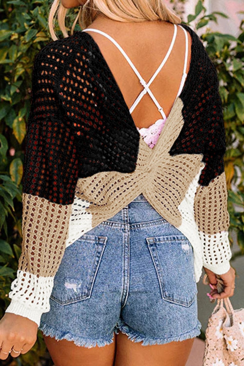 Back To School Sweater - Twisted Back Color Block Long Sleeve Knit Cover Up