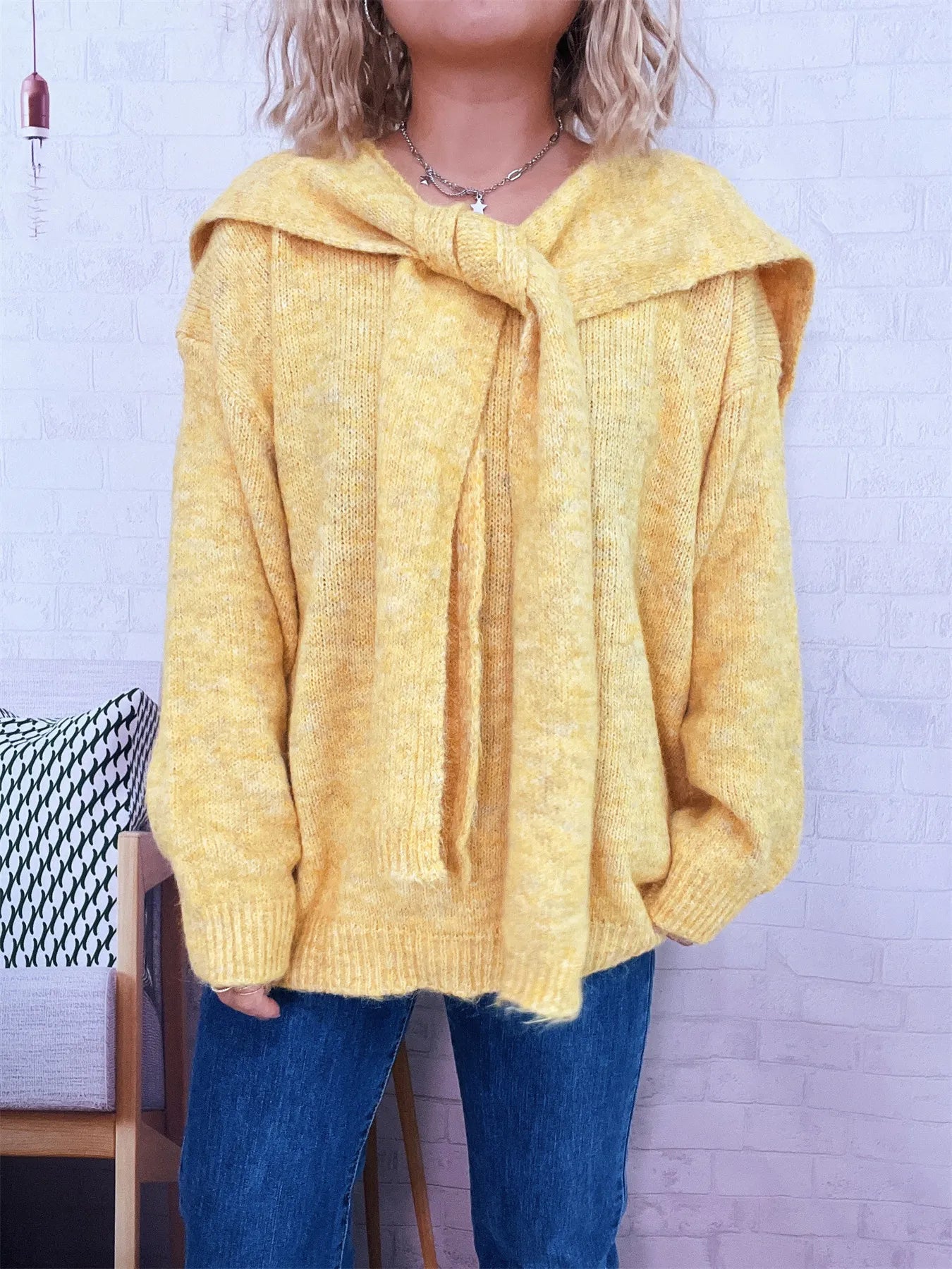 Ribbed Hem V-Neck Sweater with Shawl