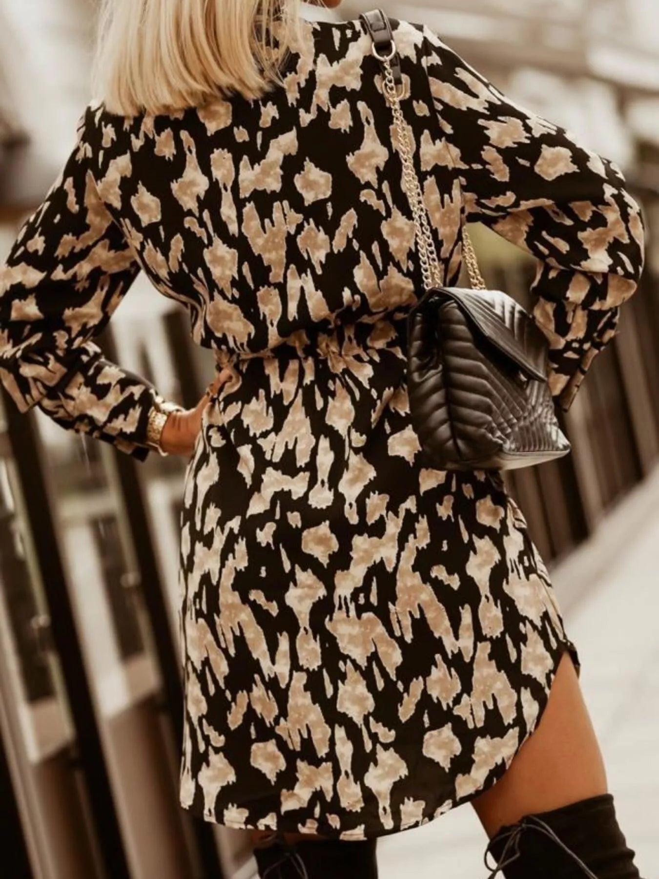 Printed Button Front Long Sleeve Dress
