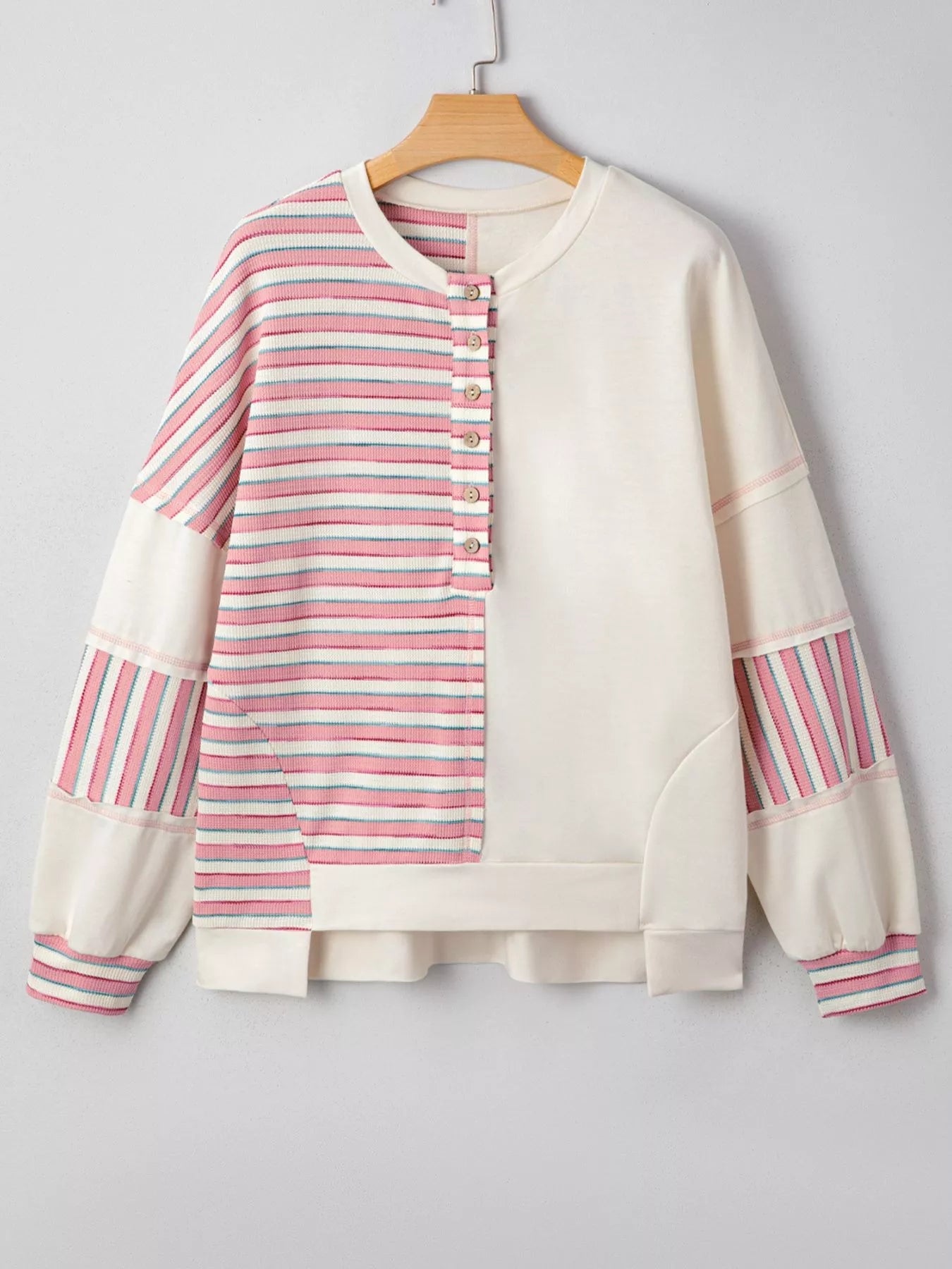 Stripe Stitched Detail Color Block Patchwork Oversized Top