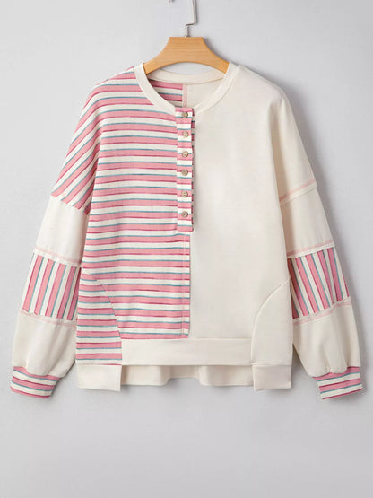 Stripe Stitched Detail Color Block Patchwork Oversized Top