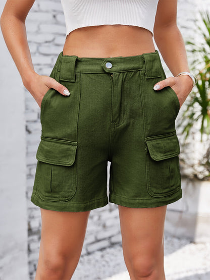 High Waist Washed Denim Shorts Army Green