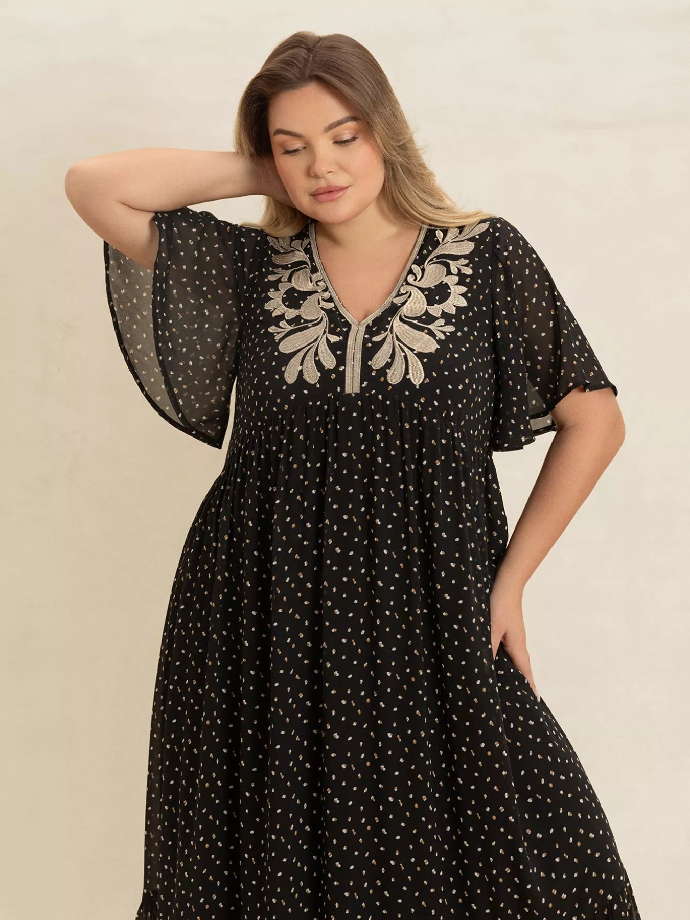 Plus Size Printed V-Neck Flutter Sleeve Maxi Dress