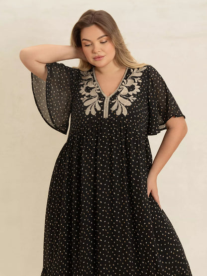 Plus Size Printed V-Neck Flutter Sleeve Maxi Dress