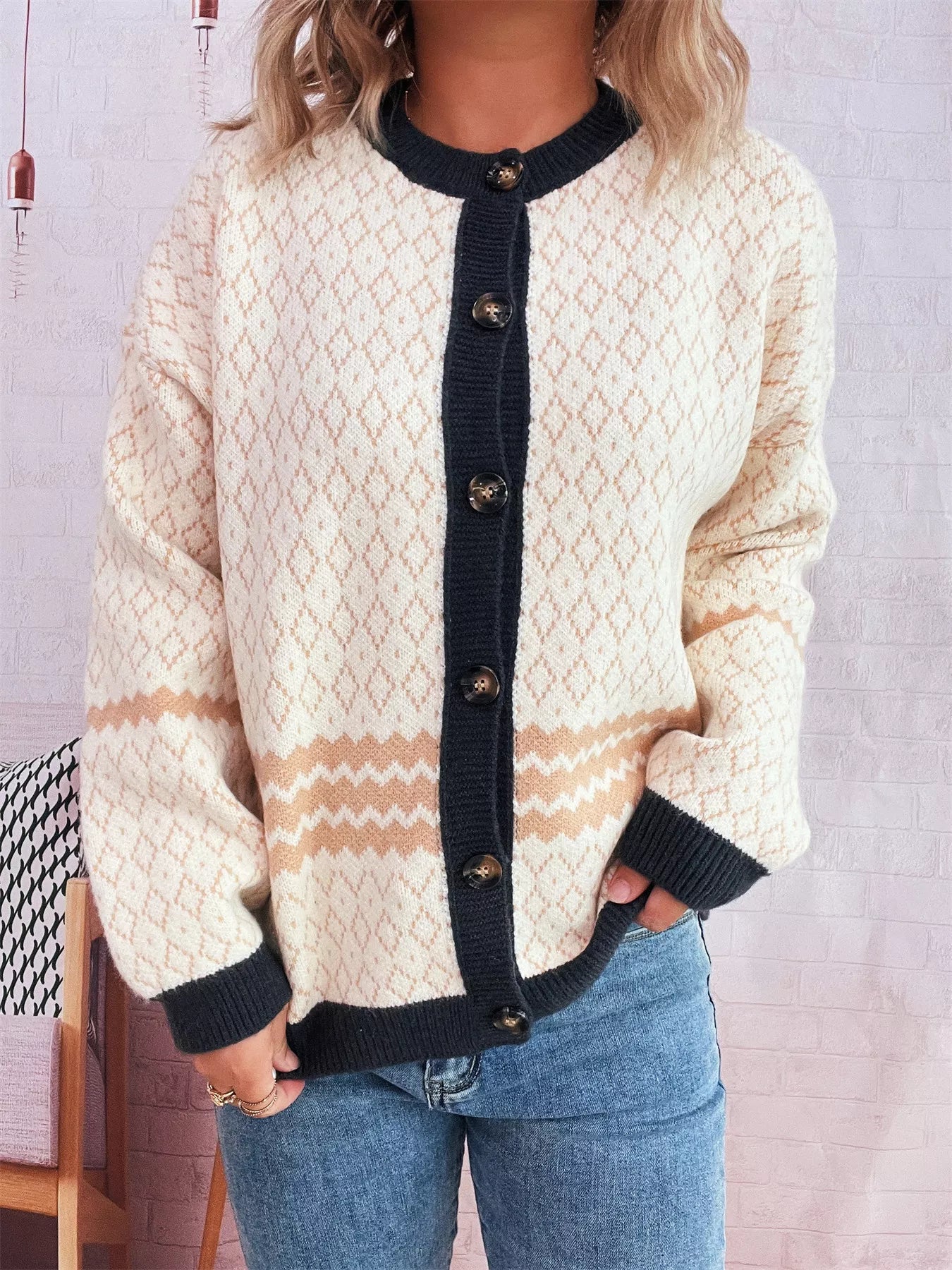 Geometric Pattern Button Up Cardigan