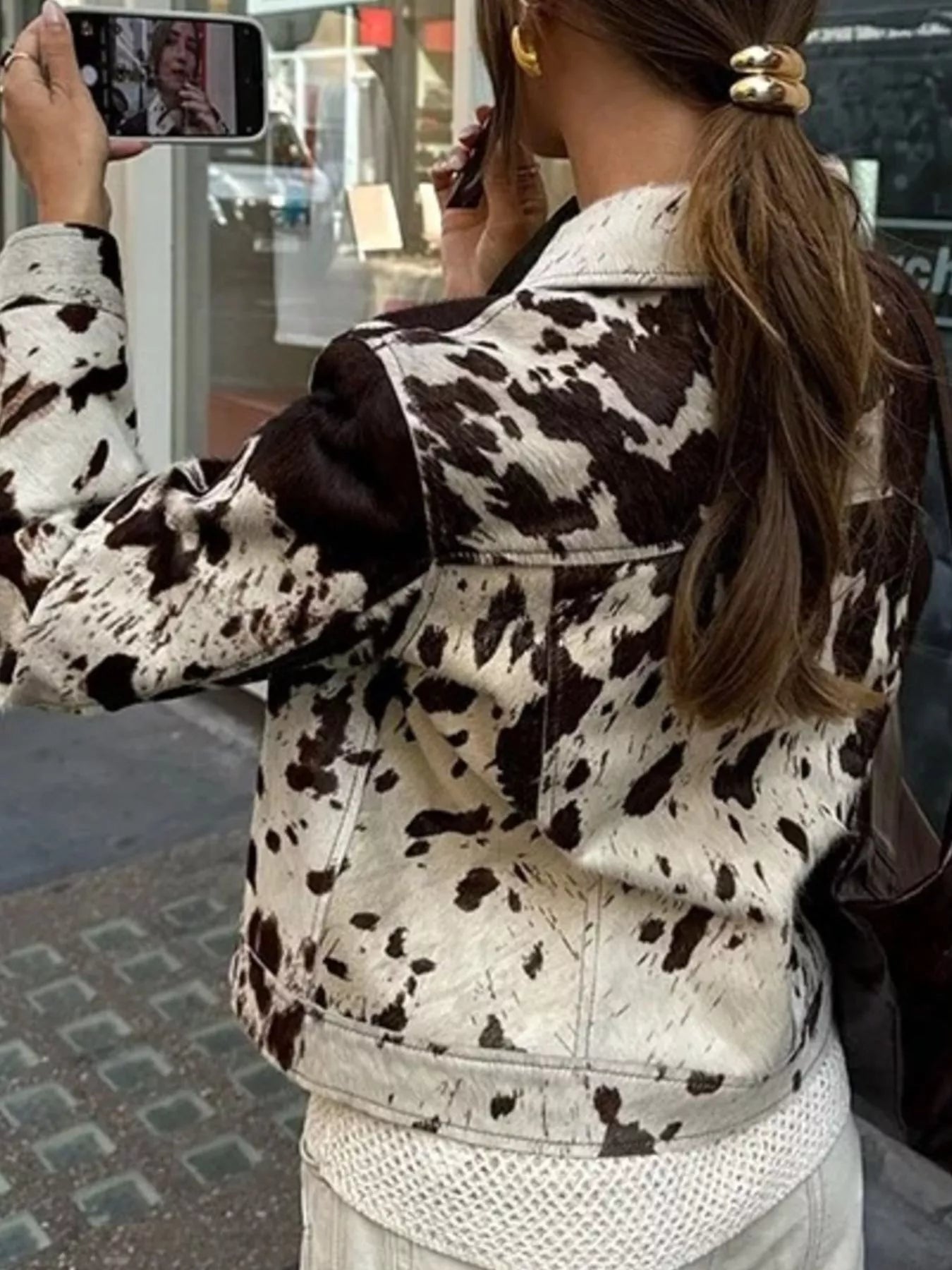 Cow Print Collared Neck Jacket